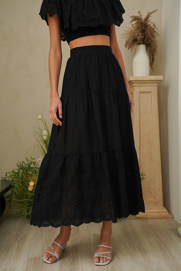 Sweet Summer Reminders Broderie Tier Maxi Skirt Black