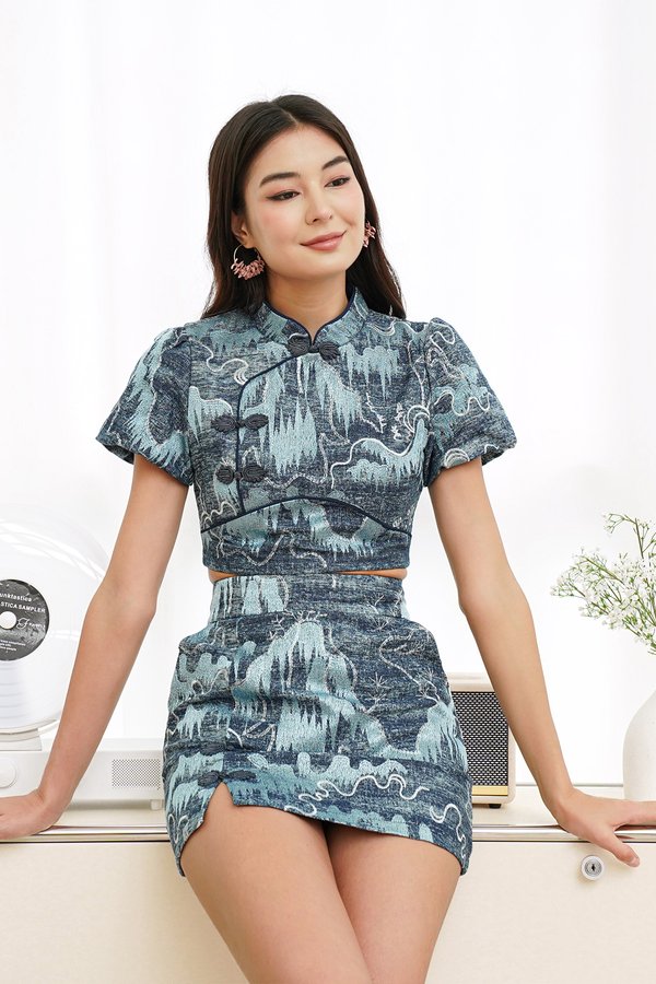 Toile Skies and Summits Denim Cheongsam Top Darkwash