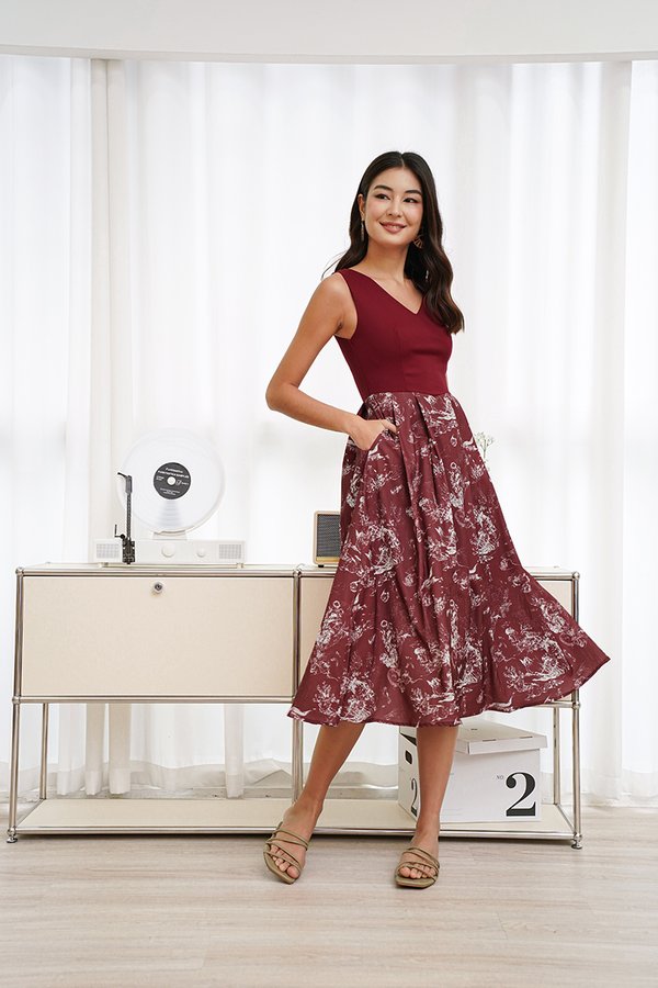 Aquatic Toile Koi Hybrid Dress Burgundy Red