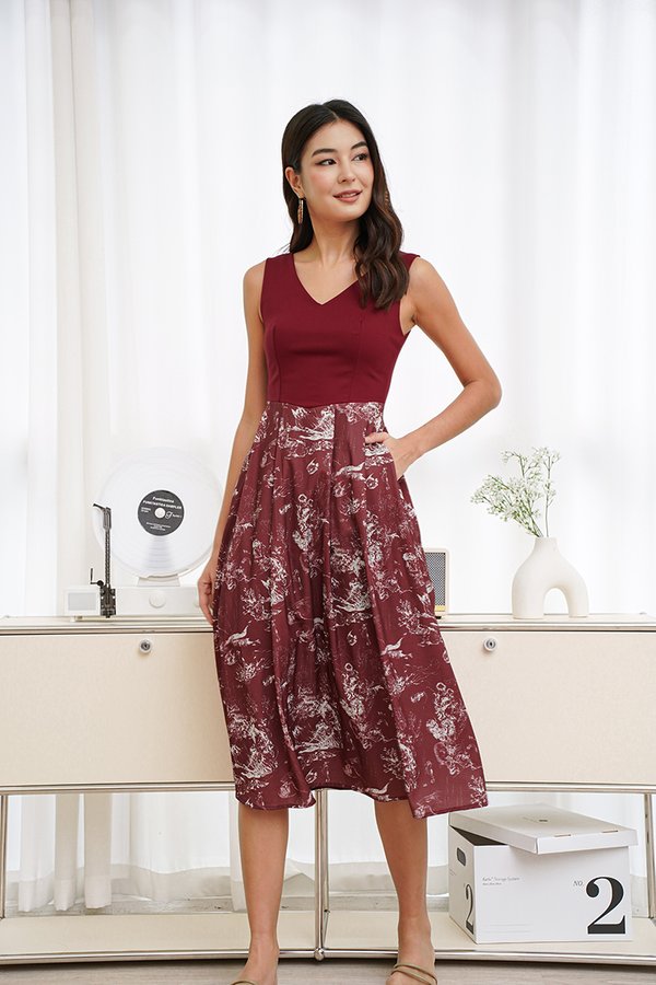 Aquatic Toile Koi Hybrid Dress Burgundy Red