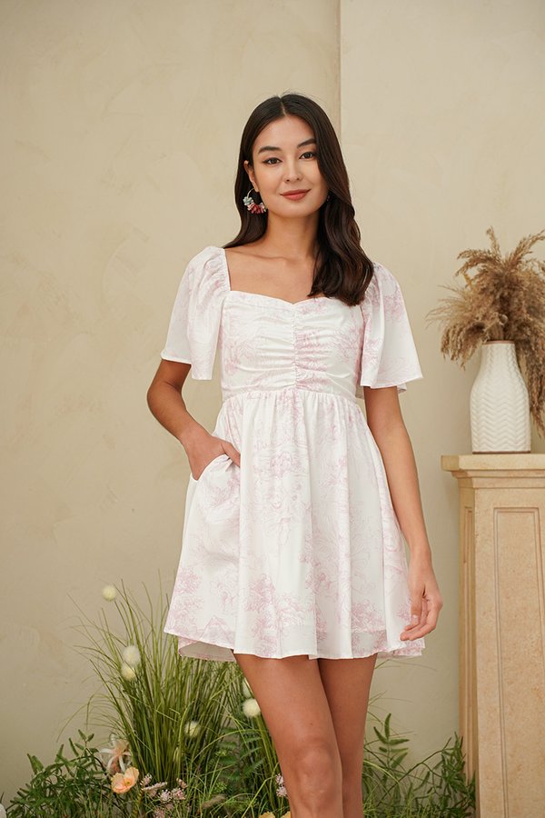 Toile Pastures Ruched Babydoll Dress Pink