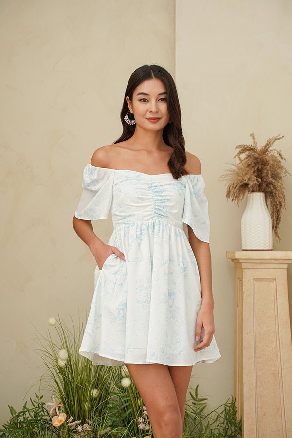 Toile Pastures Ruched Babydoll Dress Blue