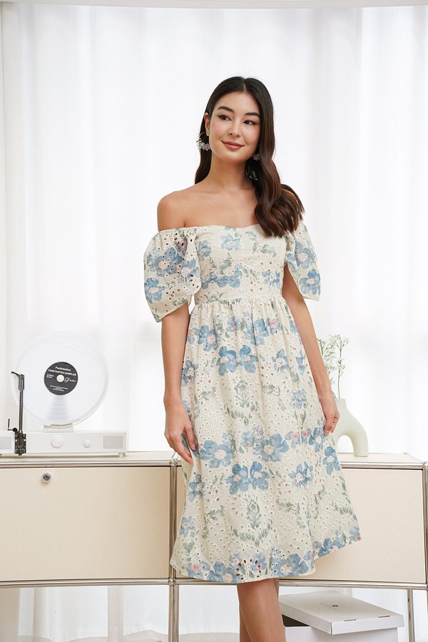 Serendipitous Spin Broderie Florals Midi Dress Blue