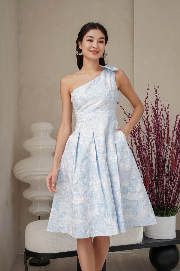 Toga Led Toile Tapestry Bow Pleats Dress Blue