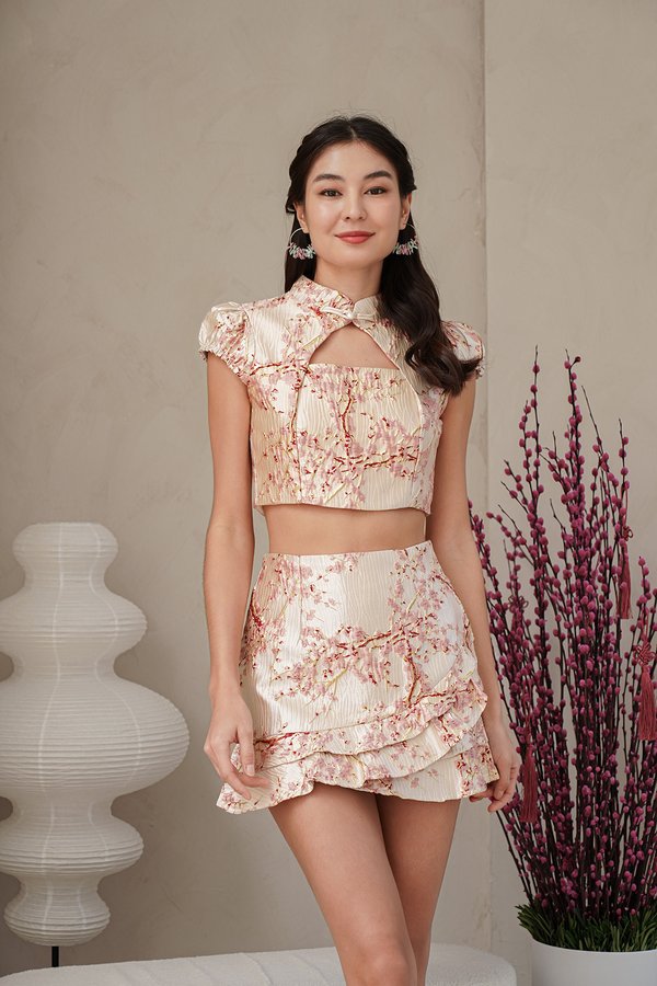 Sakura Solstice Gilded Jacquard Ruffle Hem Skirt Blush Pink