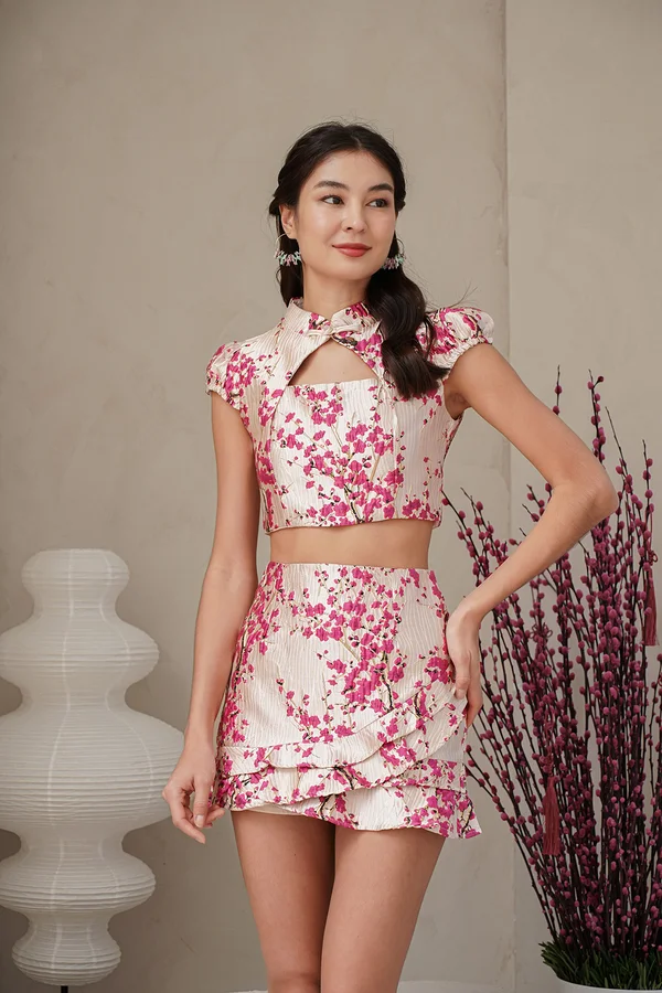 Sakura Solstice Gilded Jacquard Ruffle Hem Skirt Plum Pink