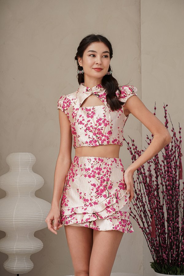 Sakura Solstice Gilded Jacquard Qipao Top Plum Pink