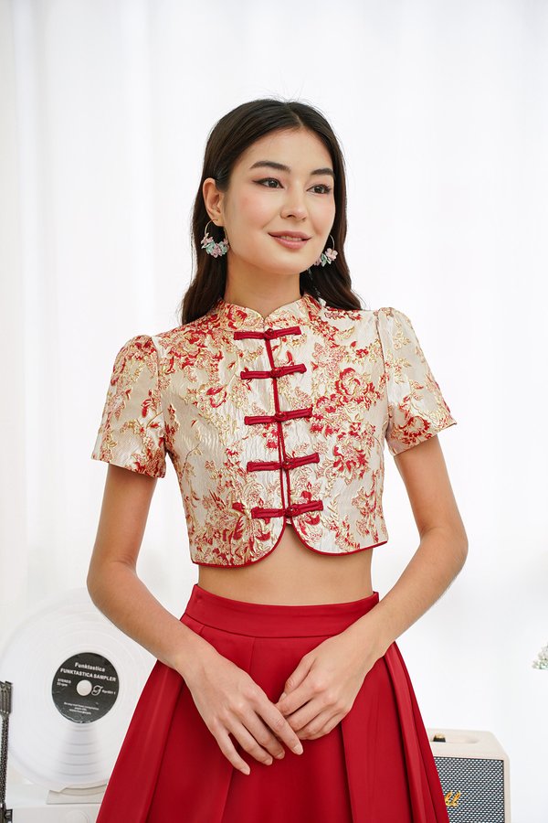 Gilded Auspicious Fervour Jacquard Qipao Top Red