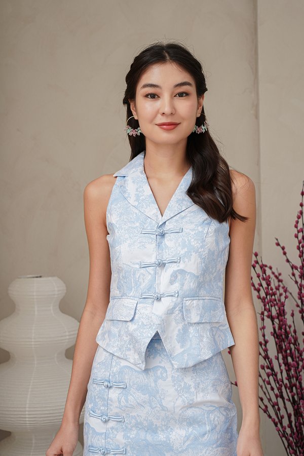 Toile de Tang Dynasty Jacquard Vest Top Blue