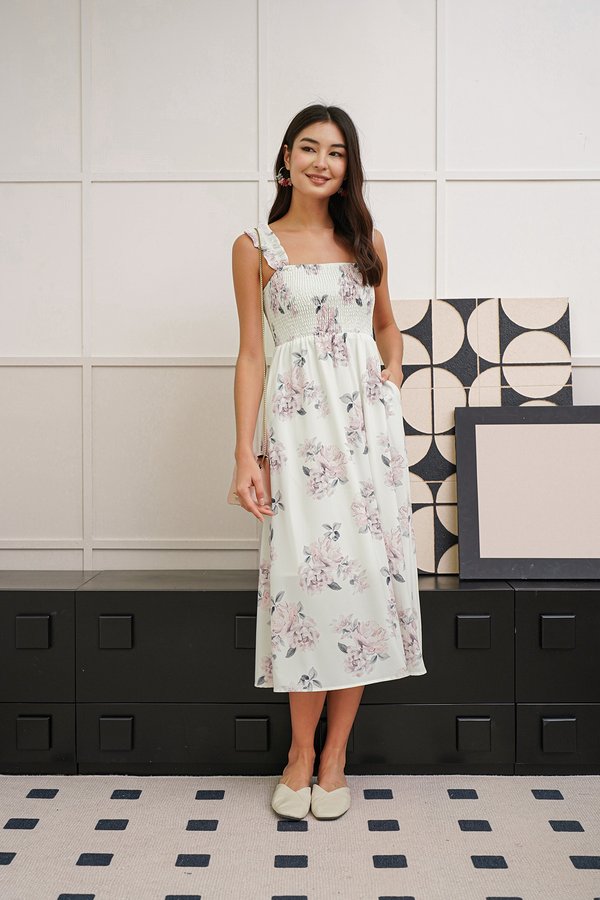 Cherrypicked Blossoms Floral Fluttery Midi Dress White