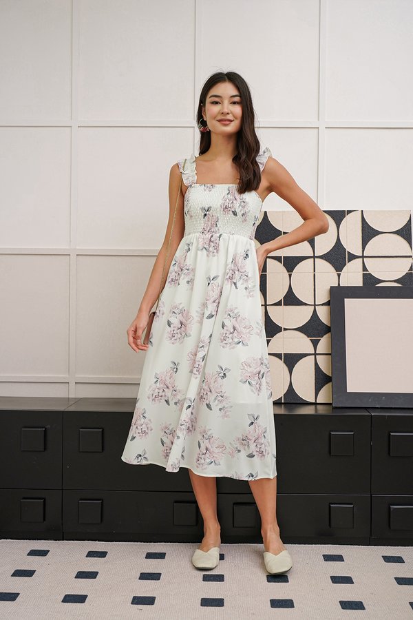 Cherrypicked Blossoms Floral Fluttery Midi Dress White