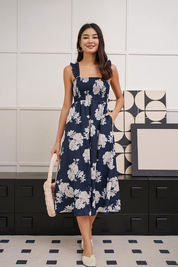 Cherrypicked Blossoms Floral Fluttery Midi Dress Navy Blue