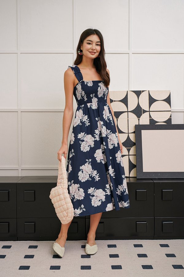 Cherrypicked Blossoms Floral Fluttery Midi Dress Navy Blue