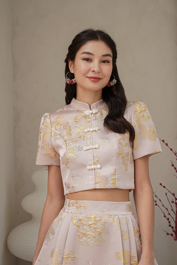 Treasured Porcelain Vase Silk Embroidery Qipao Top Pink