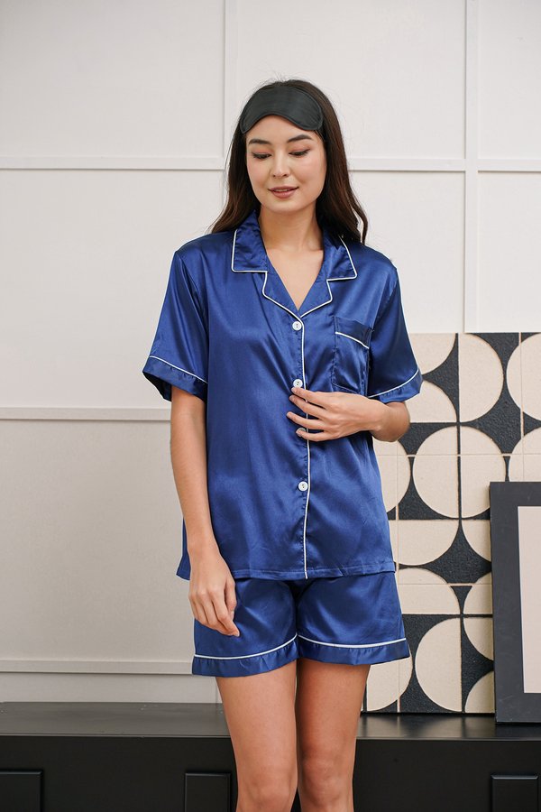 Nestled Chemisier en Soie Nursing Button PJ Set Blue