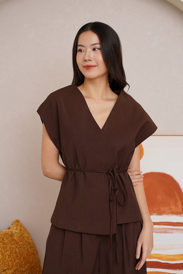 Unparalleled Parity Wrap Vest Tunic Top Dark Brown