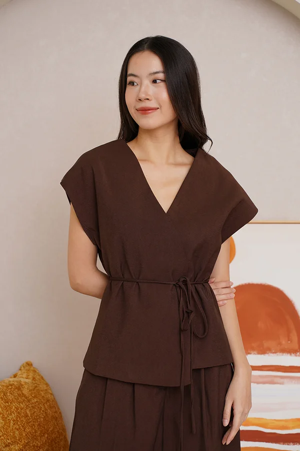 Unparalleled Parity Wrap Vest Tunic Top Dark Brown