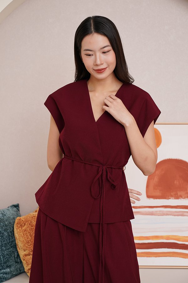 Unparalleled Parity Wrap Vest Tunic Top Burgundy Red