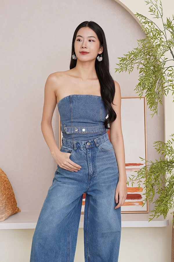 The Tube Denim Bandeau Belted Top