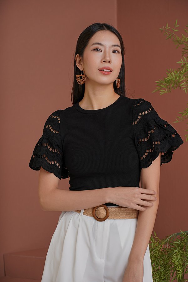 Embroider L'Amour Ribbed Knit Top Black