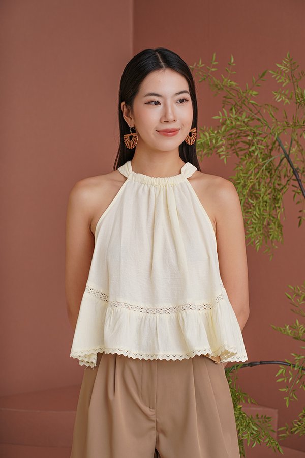 Gently Ruffly Breezy Linen Trapeze Halter Top Beige