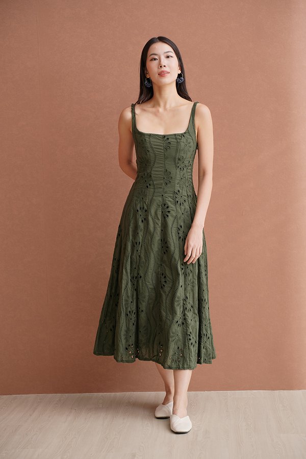 Olive Branch Embroidery Eyelet Midi Dress