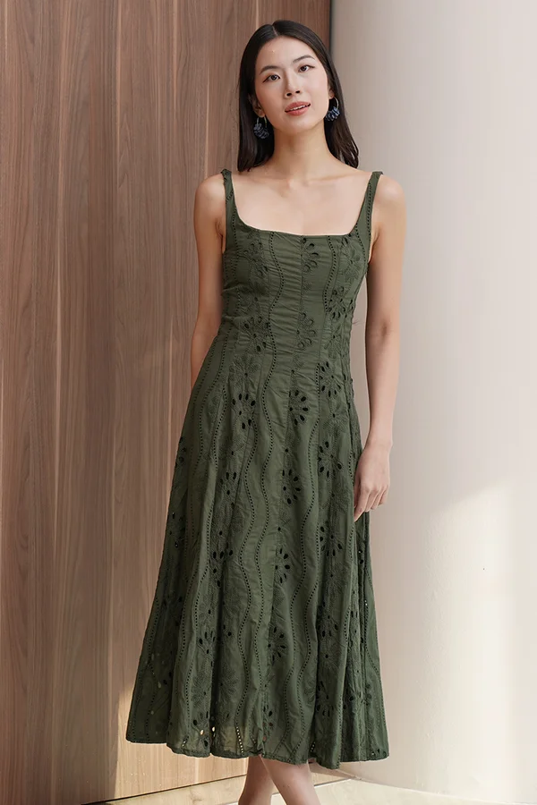 Olive Branch Embroidery Eyelet Midi Dress