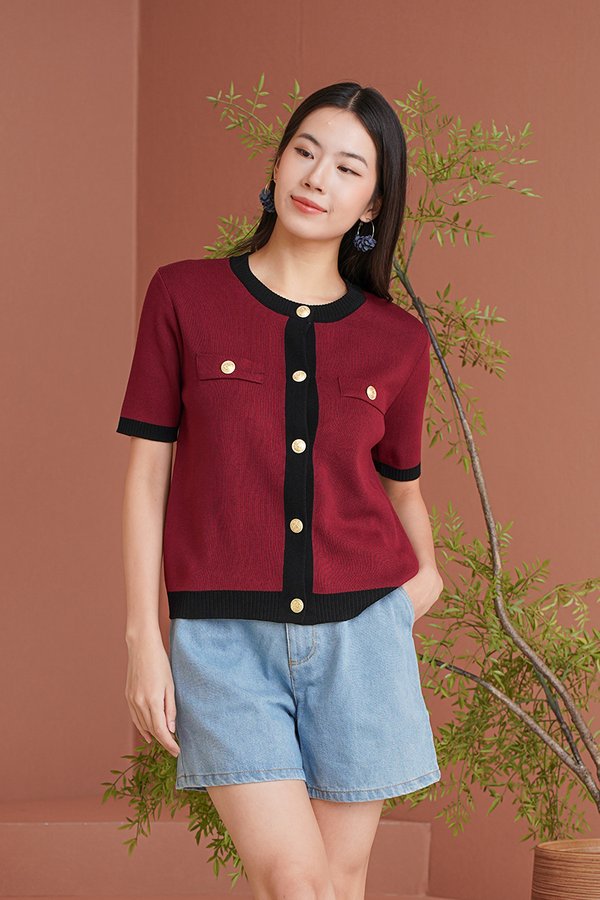 Channel Cocoesque Contrast Trim Knit Cardigan Maroon