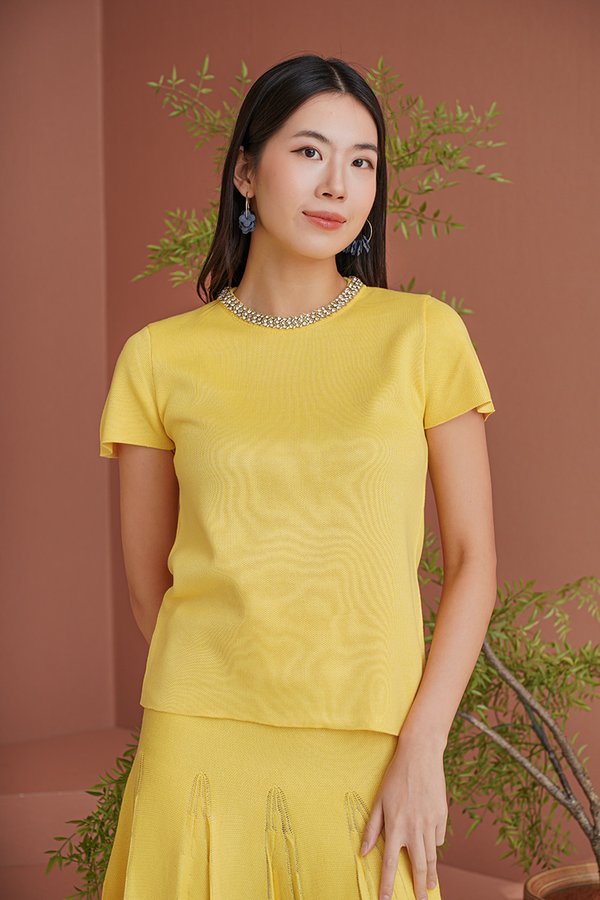 Bejewelled Neckline Pique Knit Tee Yellow