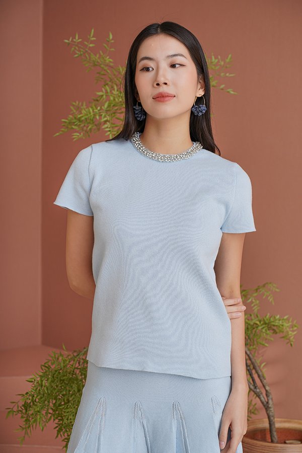 Bejewelled Neckline Pique Knit Tee Blue Grey