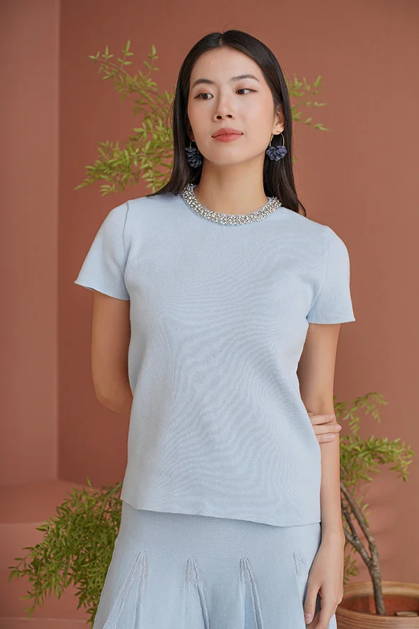 Bejewelled Neckline Pique Knit Tee Blue Grey