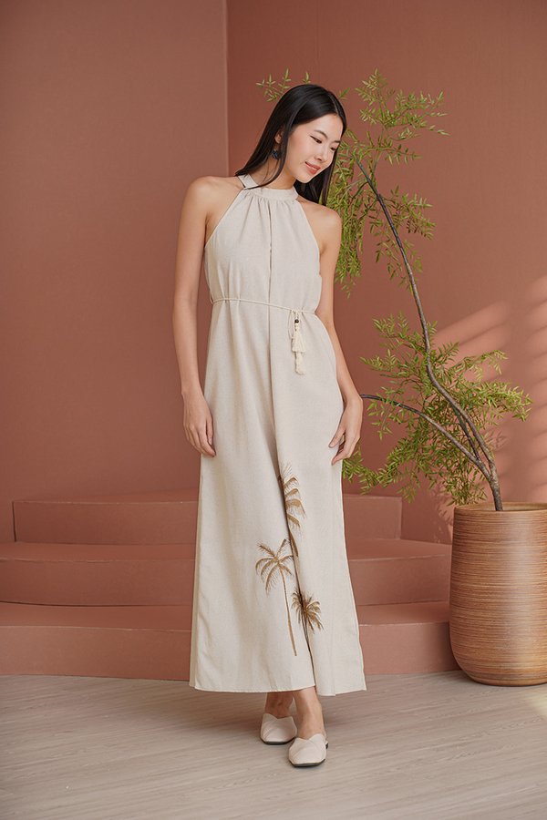 Palm Beach Paradise Embroidery Linen Halter Maxi Dress