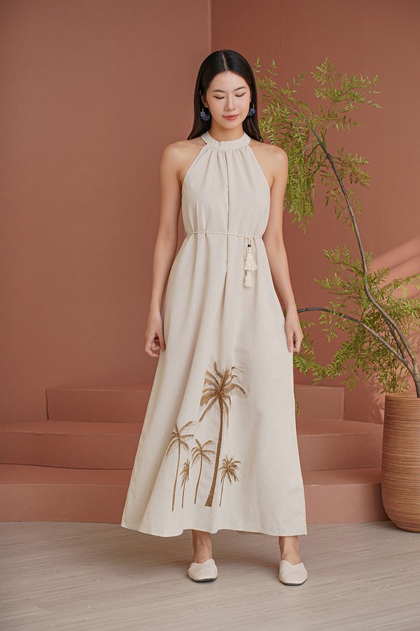 Palm Beach Paradise Embroidery Linen Halter Maxi Dress