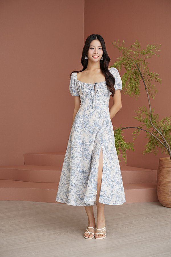 Cinderella's Blue Ball Toile Laceup Midi Dress