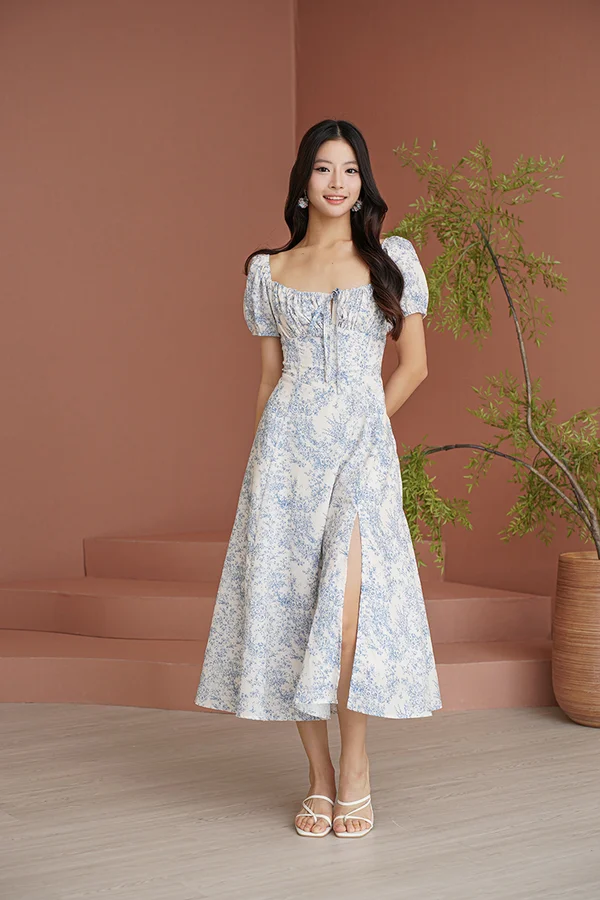 Cinderella's Blue Ball Toile Laceup Midi Dress