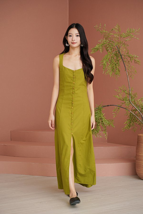 Notes of Nostalgia Button Maxi Dress Oil Green