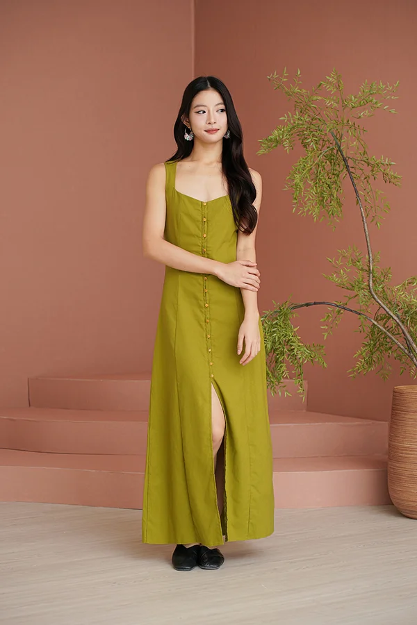 Notes of Nostalgia Button Maxi Dress Oil Green
