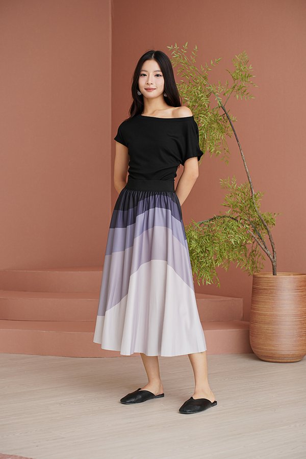 Misty Mountains Mural Ombre Pleated Midi Skirt Blue