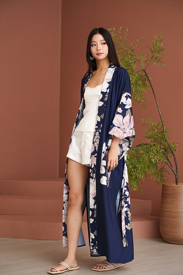 Idyllic Lounging Days Floral Longline Kimono Robe Navy Blue