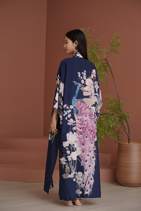 Idyllic Lounging Days Floral Longline Kimono Robe Navy Blue
