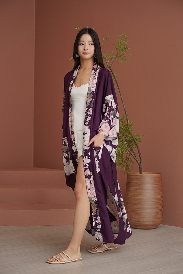 Idyllic Lounging Days Floral Longline Kimono Robe Plum Red