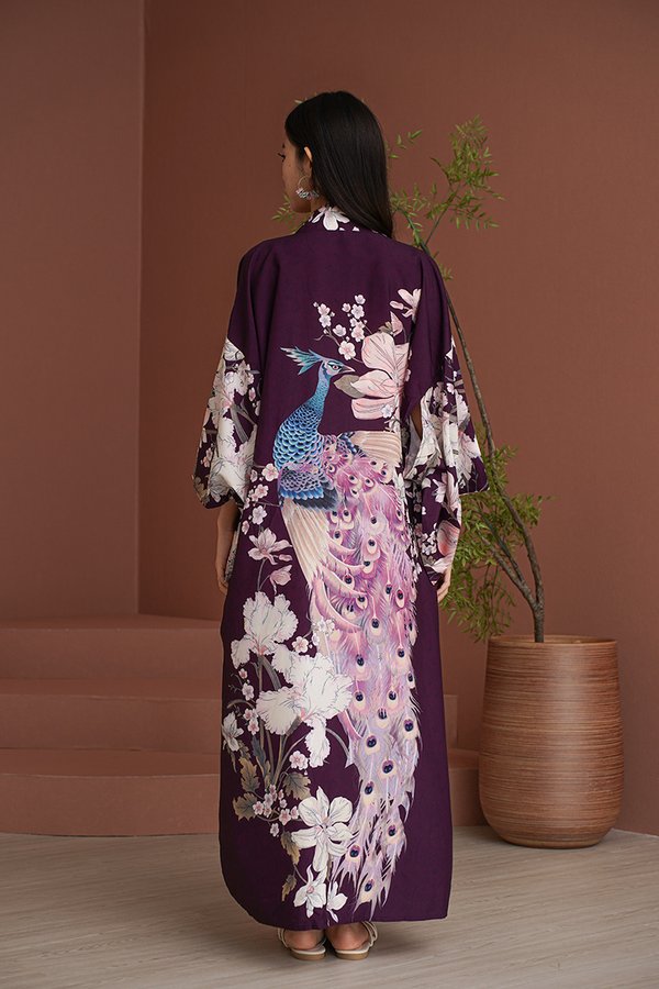 Idyllic Lounging Days Floral Longline Kimono Robe Plum Red