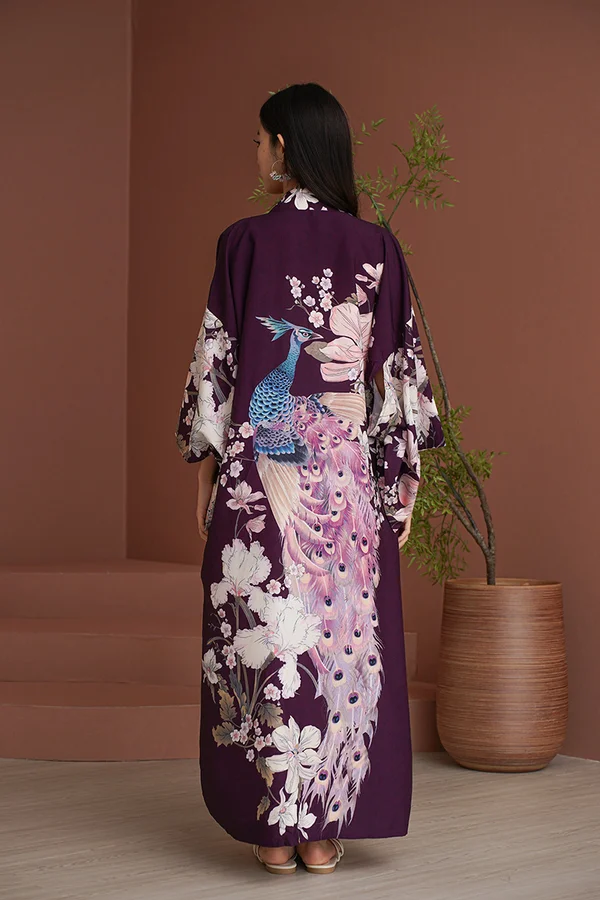 Idyllic Lounging Days Floral Longline Kimono Robe Plum Red