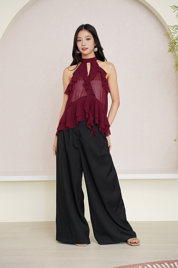 Ruffles to Riches Waterfall Cascade Halter Top Burgundy Red