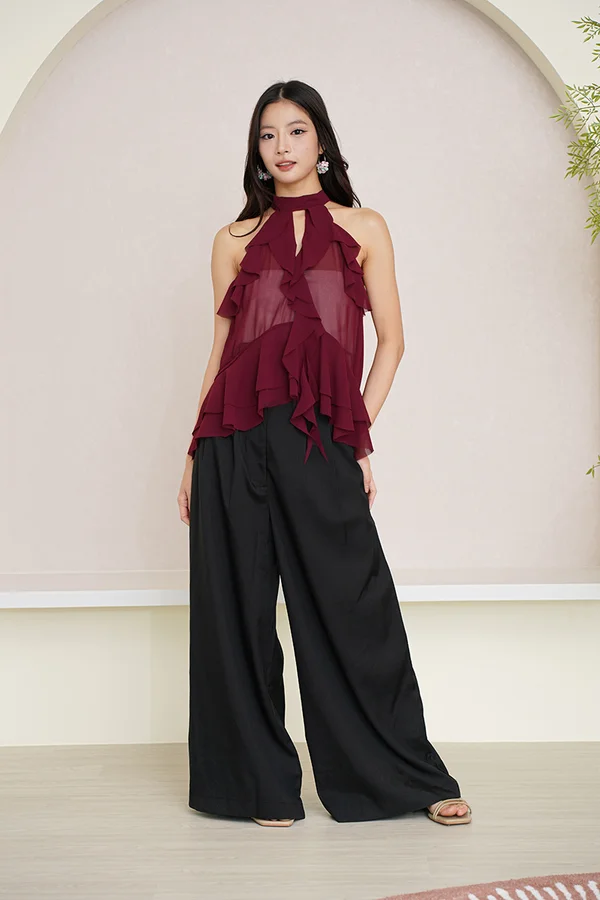 Ruffles to Riches Waterfall Cascade Halter Top Burgundy Red