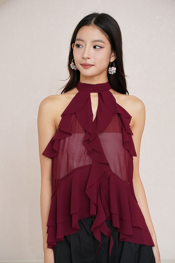 Ruffles to Riches Waterfall Cascade Halter Top Burgundy Red