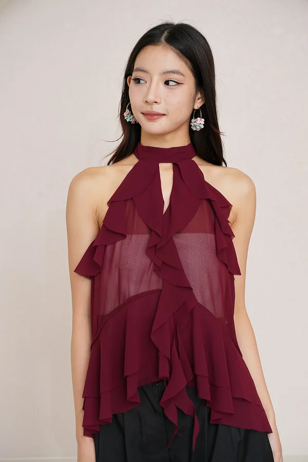 Ruffles to Riches Waterfall Cascade Halter Top Burgundy Red