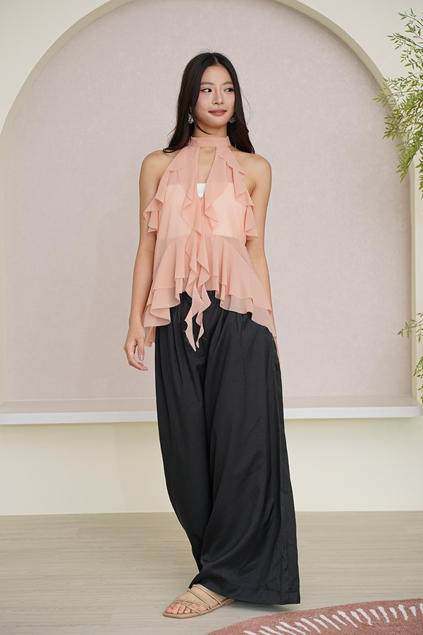 Ruffles to Riches Waterfall Cascade Halter Top Nude Pink