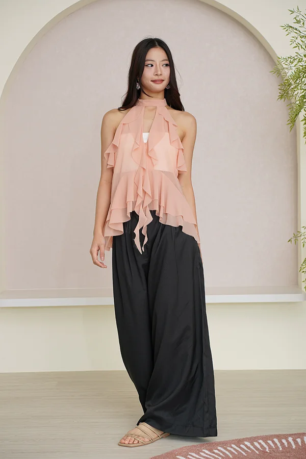 Ruffles to Riches Waterfall Cascade Halter Top Nude Pink