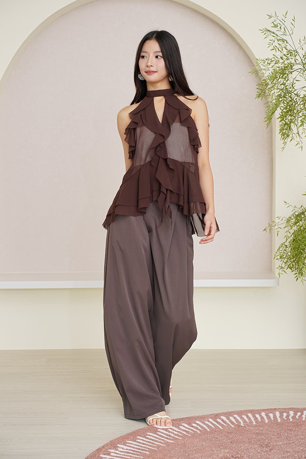 Ruffles to Riches Waterfall Cascade Halter Top Dark Brown